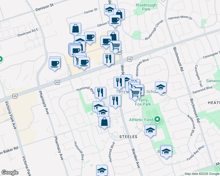 map of restaurants, bars, coffee shops, grocery stores, and more near 188 Frank Rivers Drive in Toronto