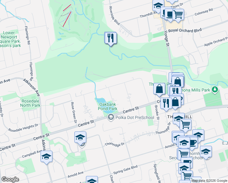 map of restaurants, bars, coffee shops, grocery stores, and more near 19 Oakbank Road in Vaughan