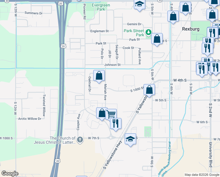 map of restaurants, bars, coffee shops, grocery stores, and more near 692 Trejo Street in Rexburg
