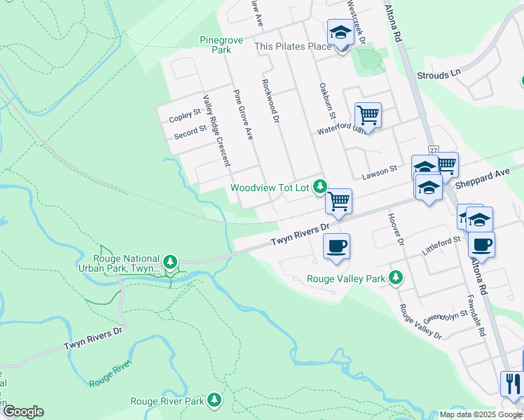 map of restaurants, bars, coffee shops, grocery stores, and more near 1594 Valley Ridge Crescent in Pickering
