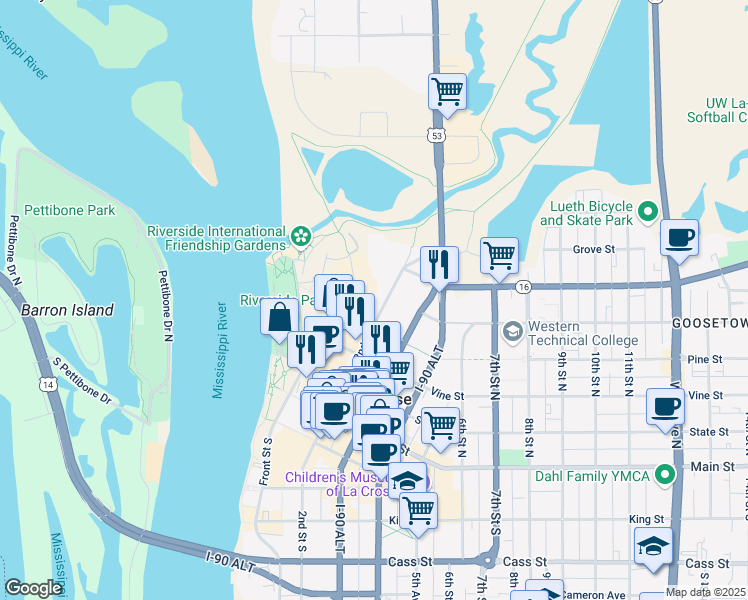 map of restaurants, bars, coffee shops, grocery stores, and more near 429 2nd Street North in La Crosse