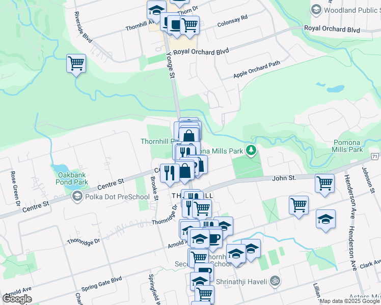 map of restaurants, bars, coffee shops, grocery stores, and more near 7751 Yonge Street in Markham