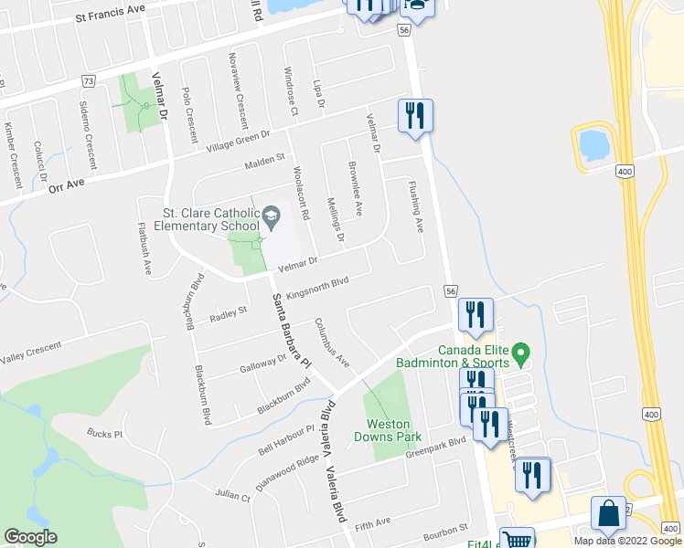 map of restaurants, bars, coffee shops, grocery stores, and more near 66 Kingsnorth Boulevard in Vaughan