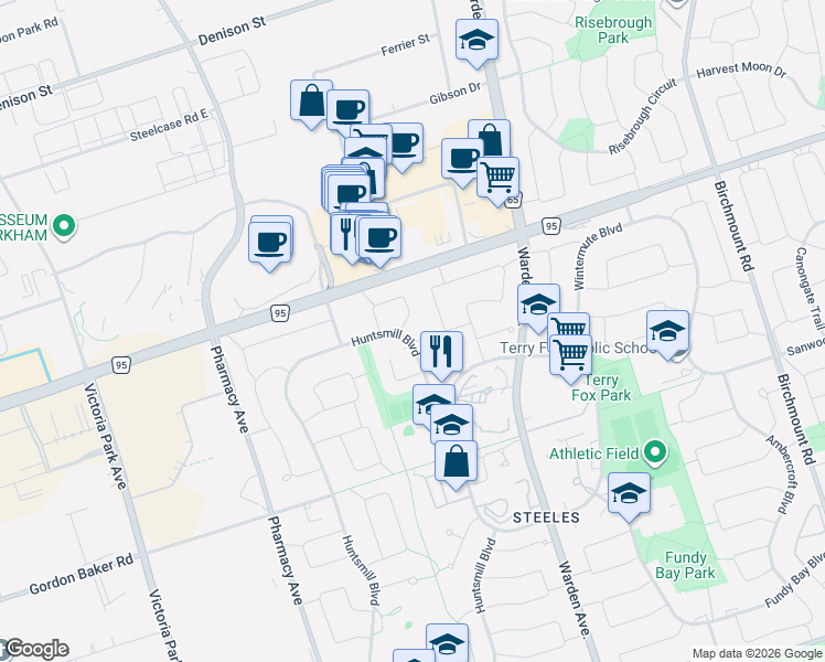 map of restaurants, bars, coffee shops, grocery stores, and more near 400 Huntsmill Boulevard in Toronto
