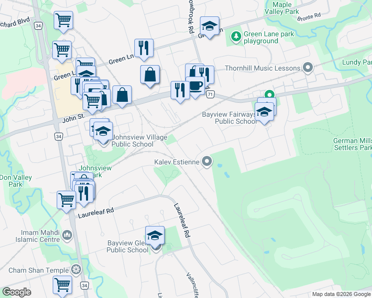 map of restaurants, bars, coffee shops, grocery stores, and more near 11 Coral Harbour Crescent in Markham