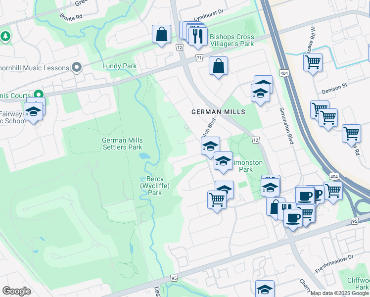 map of restaurants, bars, coffee shops, grocery stores, and more near 7 Milmar Court in Markham