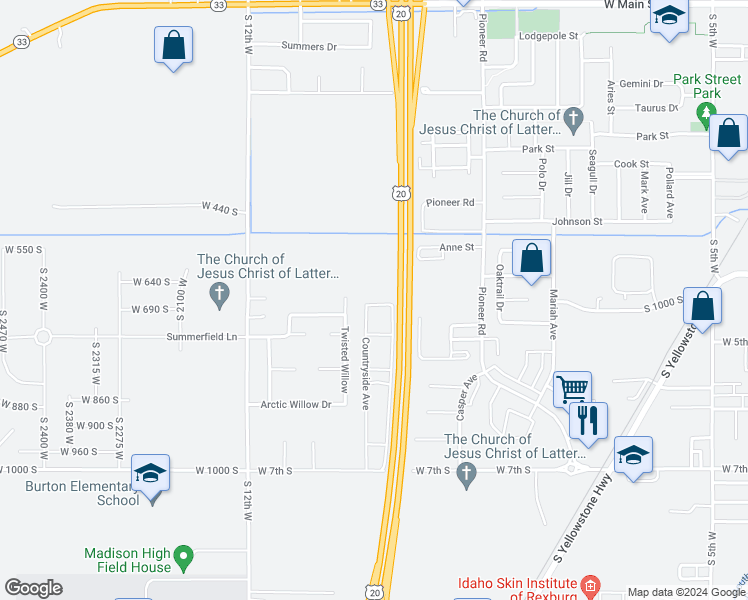map of restaurants, bars, coffee shops, grocery stores, and more near 417 Sunflower Road in Rexburg
