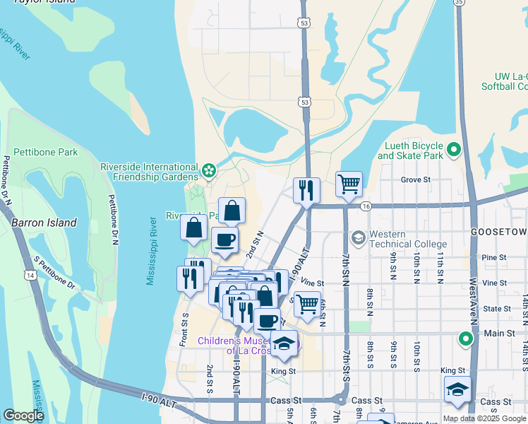 map of restaurants, bars, coffee shops, grocery stores, and more near 429 2nd Street North in La Crosse