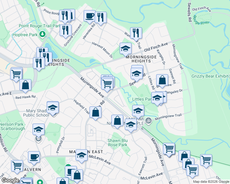 map of restaurants, bars, coffee shops, grocery stores, and more near 401 Sewells Road in Toronto