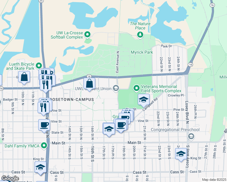 map of restaurants, bars, coffee shops, grocery stores, and more near 521 East Avenue North in La Crosse