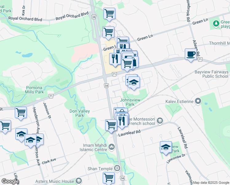 map of restaurants, bars, coffee shops, grocery stores, and more near in Markham