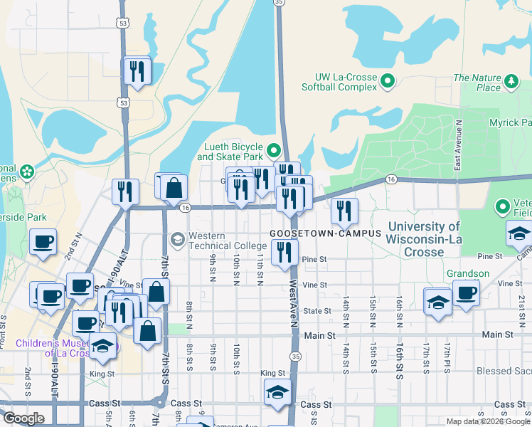 map of restaurants, bars, coffee shops, grocery stores, and more near 504 11th Street North in La Crosse