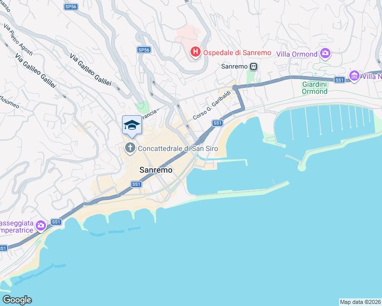 map of restaurants, bars, coffee shops, grocery stores, and more near 34 Via Bartolomeo Asquasciati in Sanremo
