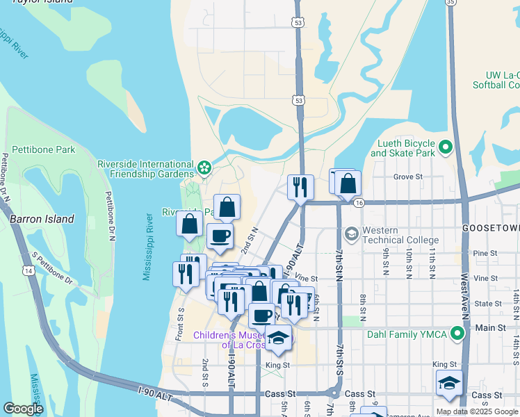 map of restaurants, bars, coffee shops, grocery stores, and more near 509 2nd Street North in La Crosse