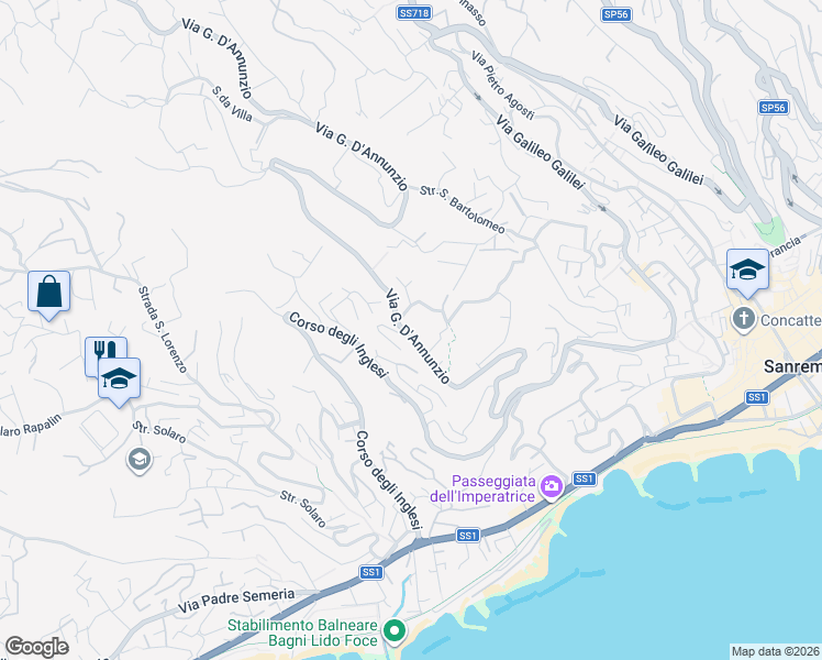 map of restaurants, bars, coffee shops, grocery stores, and more near 52 Via Gabriele D'Annunzio in Sanremo