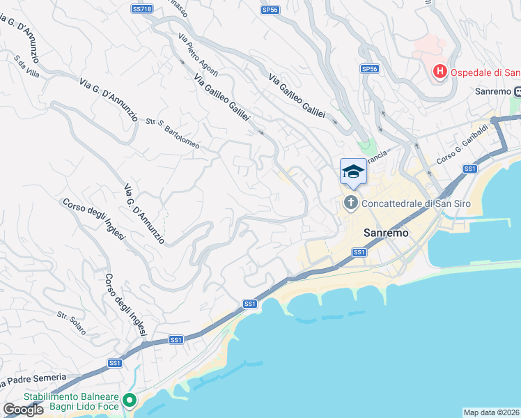 map of restaurants, bars, coffee shops, grocery stores, and more near 63 Via Privata Fratelli Asquasciati in Sanremo