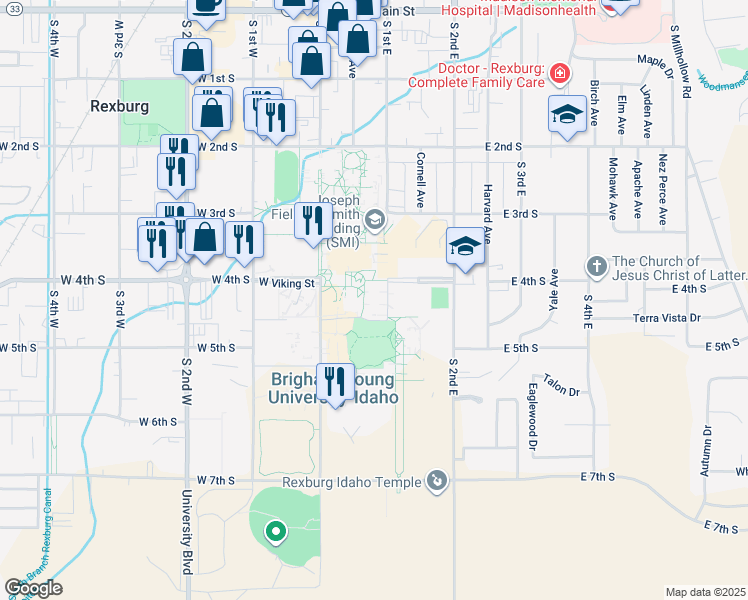 map of restaurants, bars, coffee shops, grocery stores, and more near 525 South Center Street in Rexburg