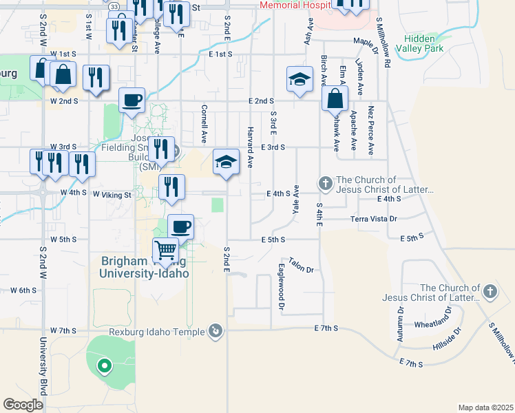 map of restaurants, bars, coffee shops, grocery stores, and more near 439 South 3rd West in Rexburg