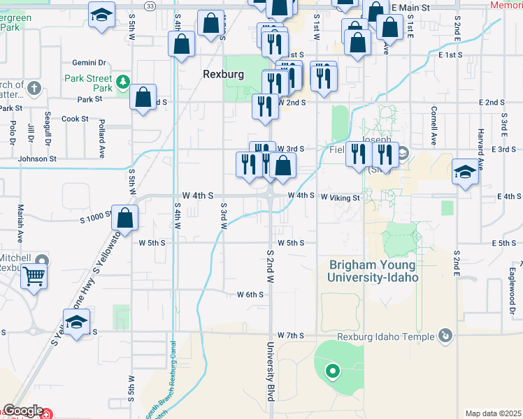 map of restaurants, bars, coffee shops, grocery stores, and more near 440 South 2nd West in Rexburg