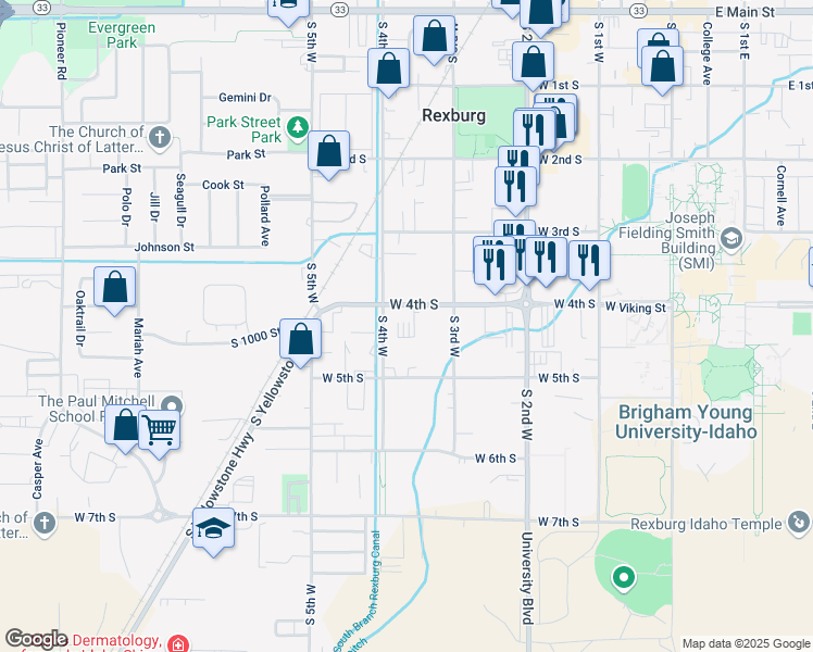 map of restaurants, bars, coffee shops, grocery stores, and more near 447 South 4th West in Rexburg