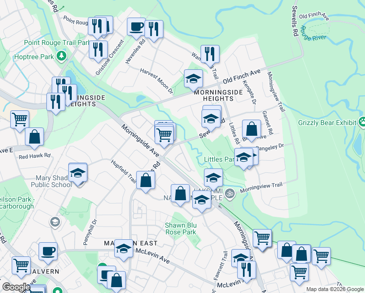 map of restaurants, bars, coffee shops, grocery stores, and more near 401 Sewells Road in Toronto