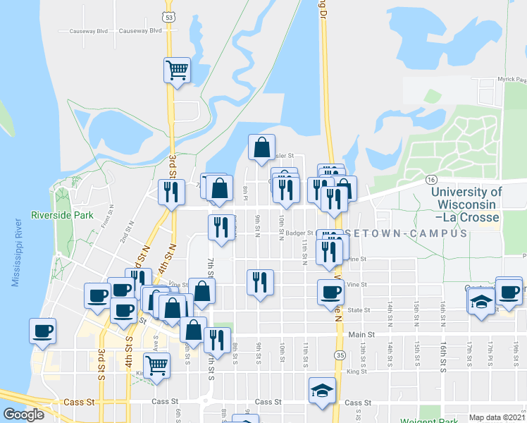 map of restaurants, bars, coffee shops, grocery stores, and more near 904 La Crosse Street in La Crosse