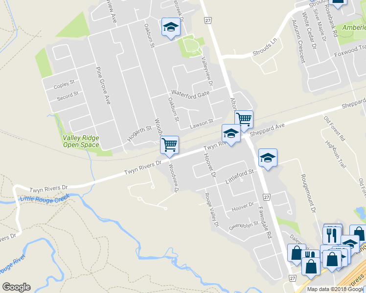 map of restaurants, bars, coffee shops, grocery stores, and more near 198 Twyn Rivers Drive in Pickering