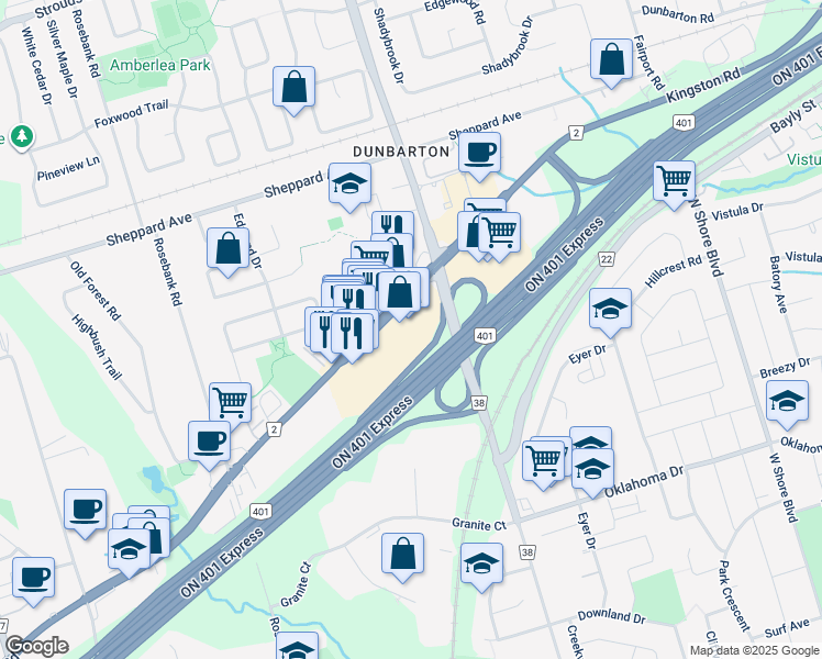 map of restaurants, bars, coffee shops, grocery stores, and more near 699 Kingston Road in Pickering