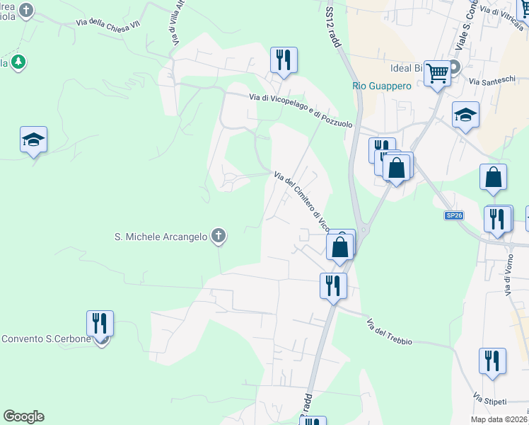 map of restaurants, bars, coffee shops, grocery stores, and more near 529 Via del Cimitero ⅩⅩⅠⅠⅠ in Lucca