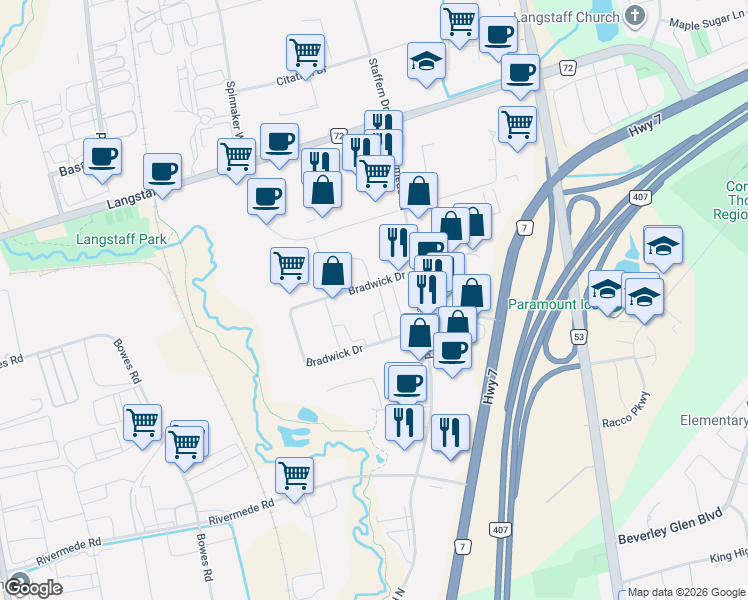 map of restaurants, bars, coffee shops, grocery stores, and more near 55 Bradwick Drive in Vaughan