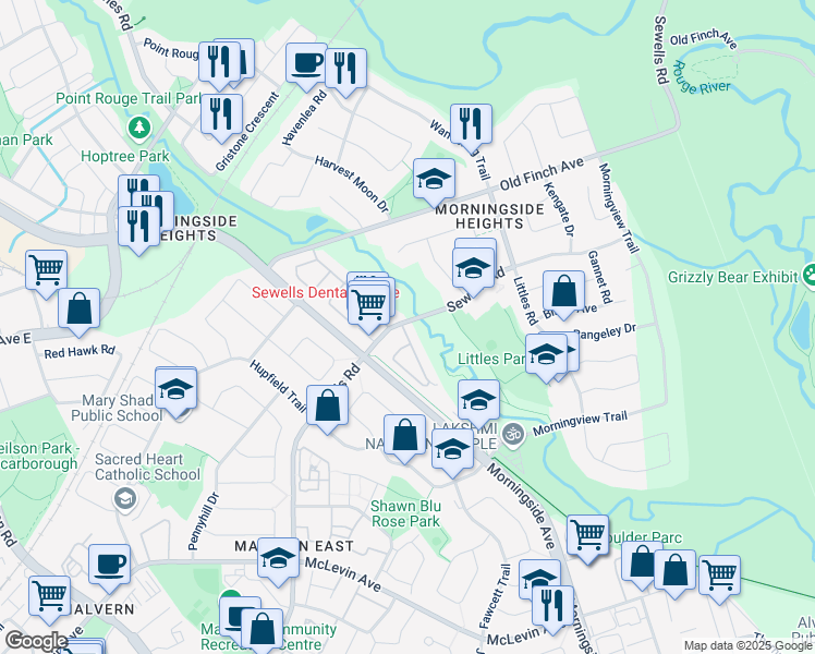 map of restaurants, bars, coffee shops, grocery stores, and more near 401 Sewells Road in Toronto