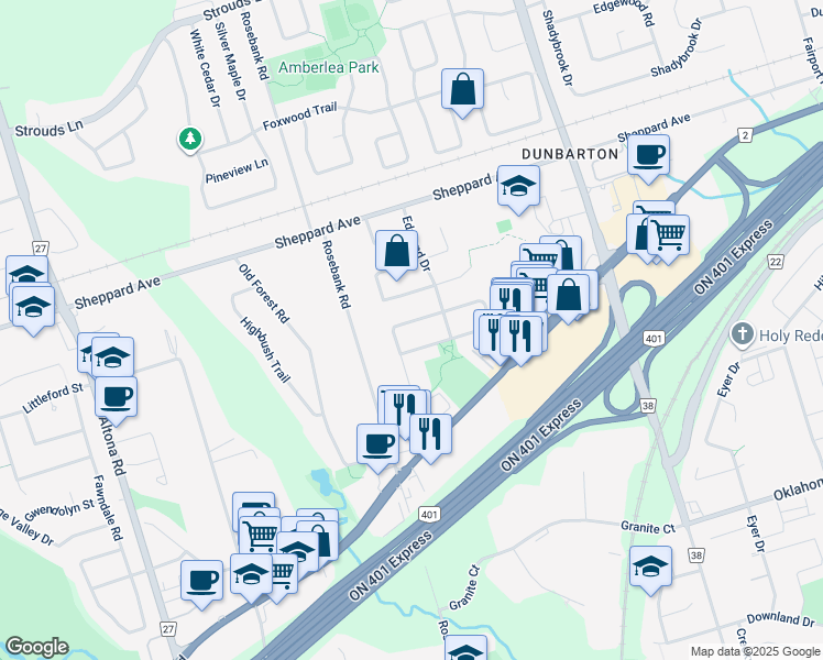 map of restaurants, bars, coffee shops, grocery stores, and more near in Pickering