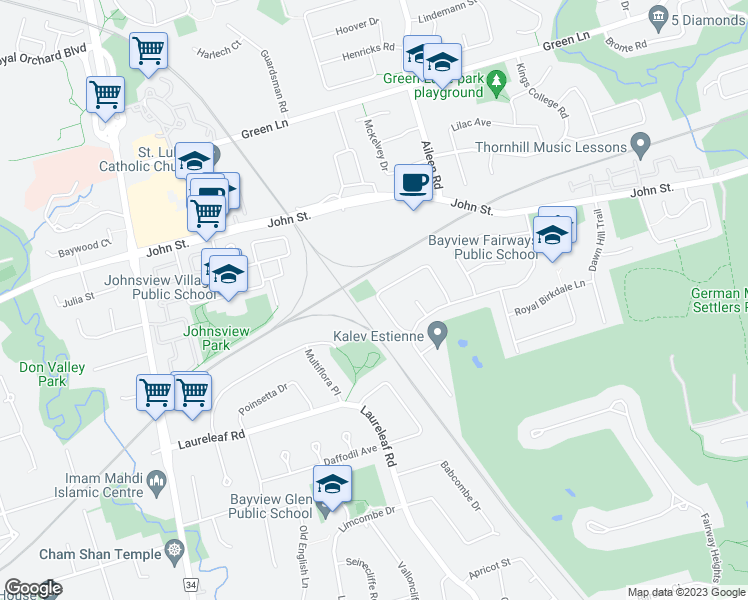 map of restaurants, bars, coffee shops, grocery stores, and more near 24 Coral Harbour Crescent in Markham