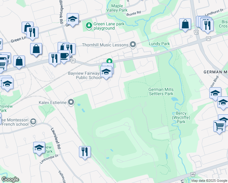 map of restaurants, bars, coffee shops, grocery stores, and more near 31 Kings Inn Trail in Markham