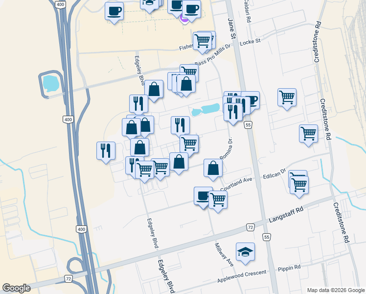 map of restaurants, bars, coffee shops, grocery stores, and more near 85 Corstate Avenue in Vaughan