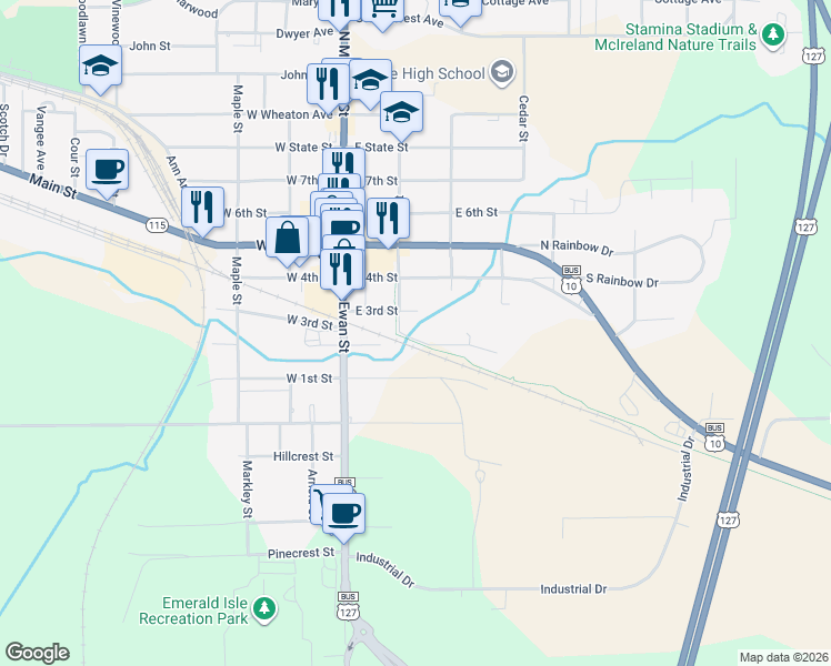map of restaurants, bars, coffee shops, grocery stores, and more near Pere-Marquette Rail-Trail of Mid-Michigan in Clare