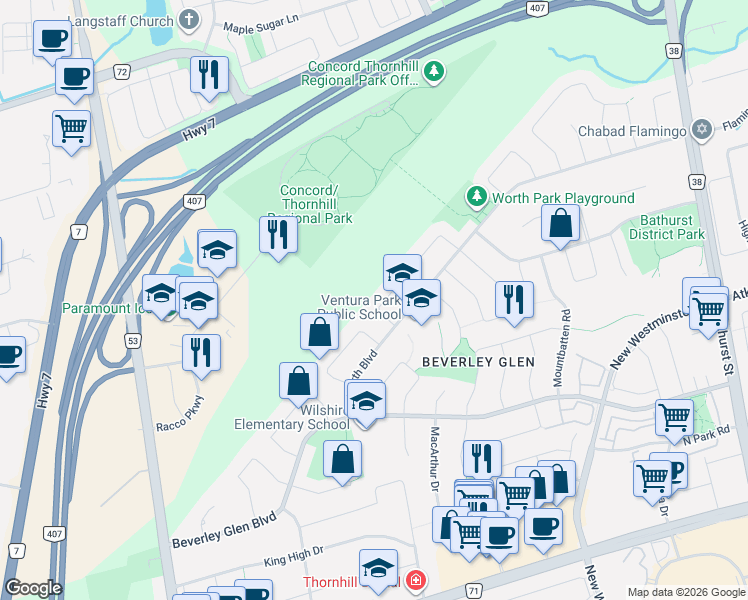 map of restaurants, bars, coffee shops, grocery stores, and more near 28 Rockwood Crescent in Vaughan