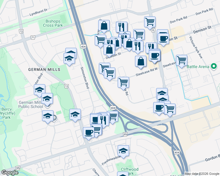 map of restaurants, bars, coffee shops, grocery stores, and more near 77 Steelcase Road West in Markham