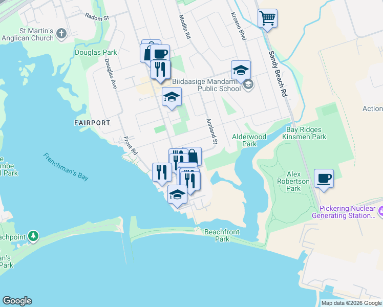 map of restaurants, bars, coffee shops, grocery stores, and more near 646 Annland Street in Pickering
