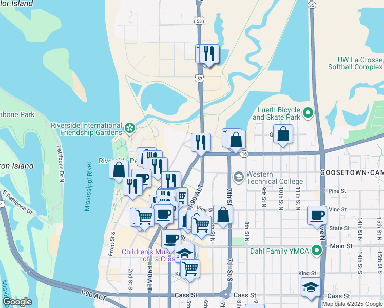 map of restaurants, bars, coffee shops, grocery stores, and more near 621 3rd Street South in La Crosse