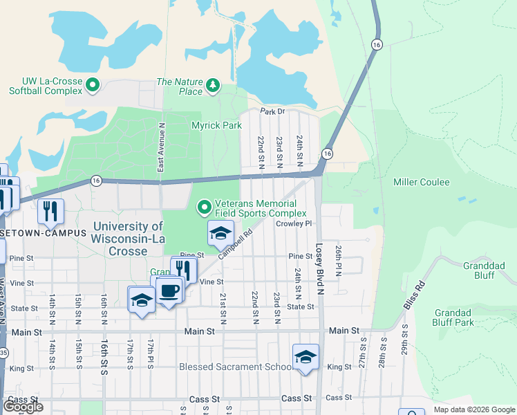 map of restaurants, bars, coffee shops, grocery stores, and more near 625 23rd Street North in La Crosse