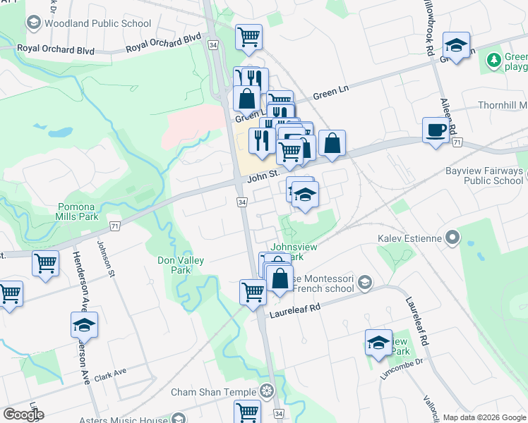 map of restaurants, bars, coffee shops, grocery stores, and more near 8 Reith Way in Markham