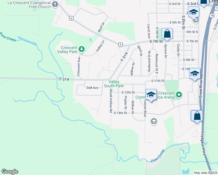 map of restaurants, bars, coffee shops, grocery stores, and more near 1102 Juniper Street in La Crescent