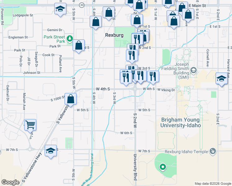 map of restaurants, bars, coffee shops, grocery stores, and more near 345 South 3rd West in Rexburg