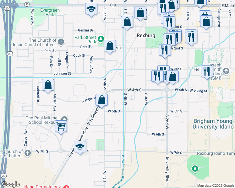 map of restaurants, bars, coffee shops, grocery stores, and more near 420 West 4th South in Rexburg