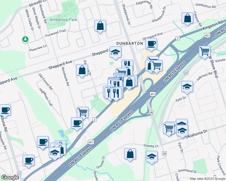 map of restaurants, bars, coffee shops, grocery stores, and more near 650 Kingston Road in Pickering
