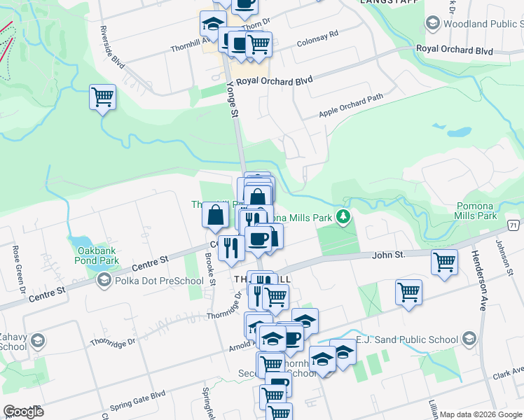 map of restaurants, bars, coffee shops, grocery stores, and more near 7811 Yonge Street in Markham