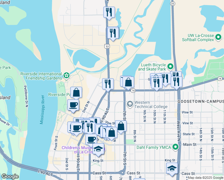 map of restaurants, bars, coffee shops, grocery stores, and more near 411 La Crosse Street in La Crosse