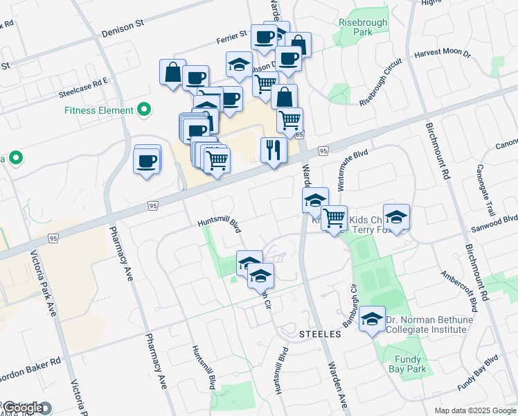 map of restaurants, bars, coffee shops, grocery stores, and more near 5 Frank Rivers Drive in Toronto