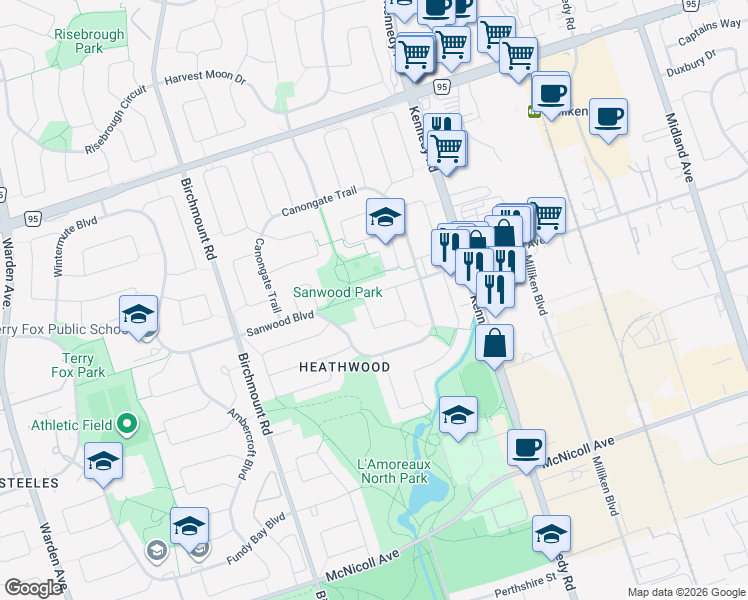map of restaurants, bars, coffee shops, grocery stores, and more near 125 Purcell Square in Toronto